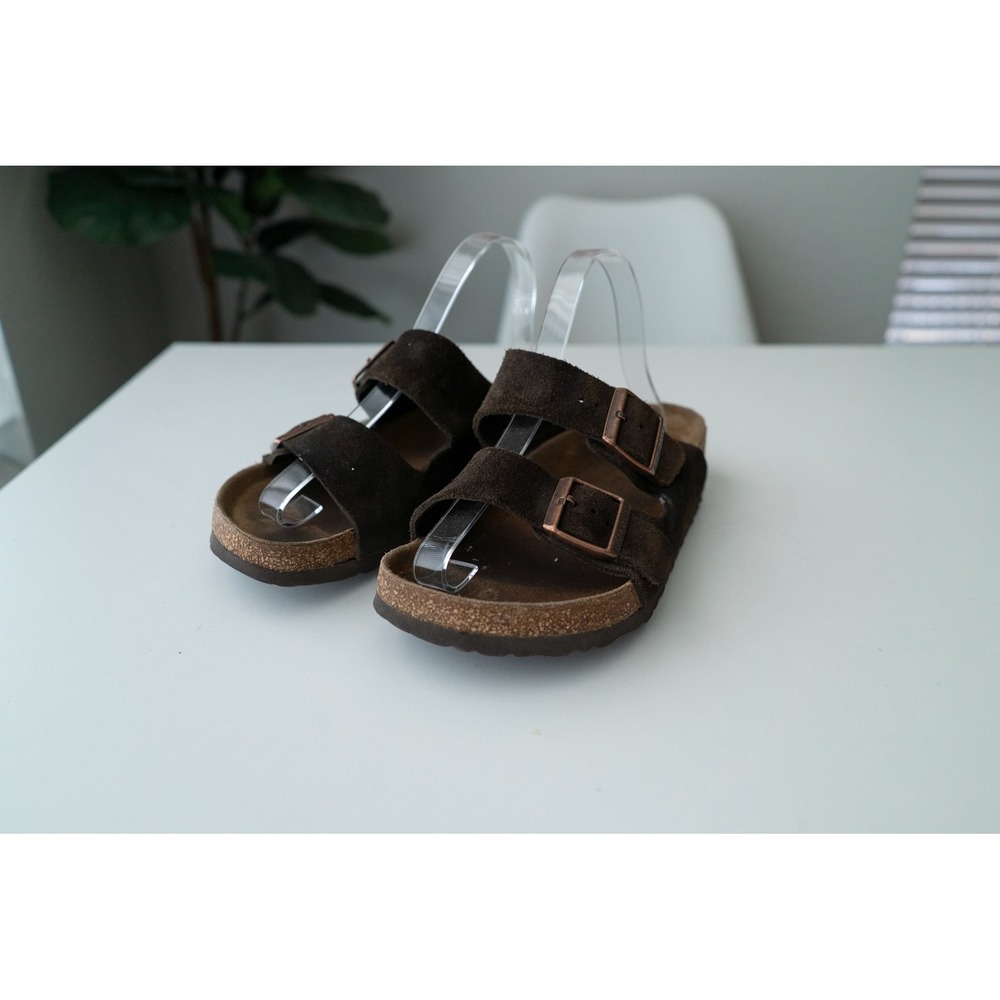 Birkenstock Womens Arizona Suede Two Strap Slide Sandals Brown Copper Buckle